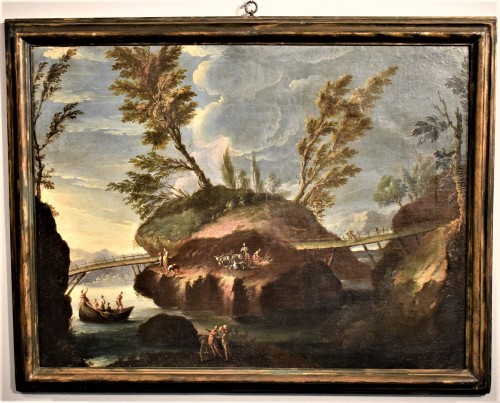 Grand Paysage du Lac animé - école Romaine, cercle de Salvator Rosa - Tableaux et dessins Style Louis XIV